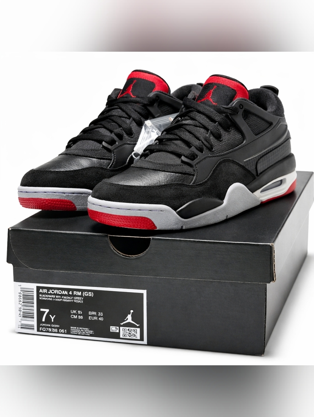 Nike Air Jordan 4 RM GS Black Red Sneakers 7Y New No Lid + Extra Laces